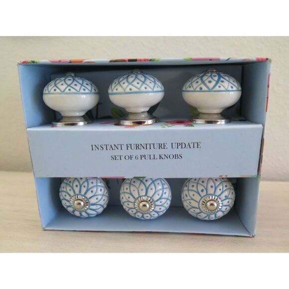 Instant Furniture Update Blue & White Geometric Ceramic Pull Knobs, Set Of 6 - Picture 2 of 9